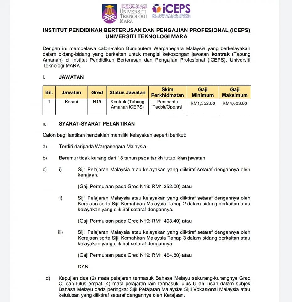 Iklan Jawatan Institut Pendidikan Berterusan Dan Pengajian Profesional Iceps Uitm Portal