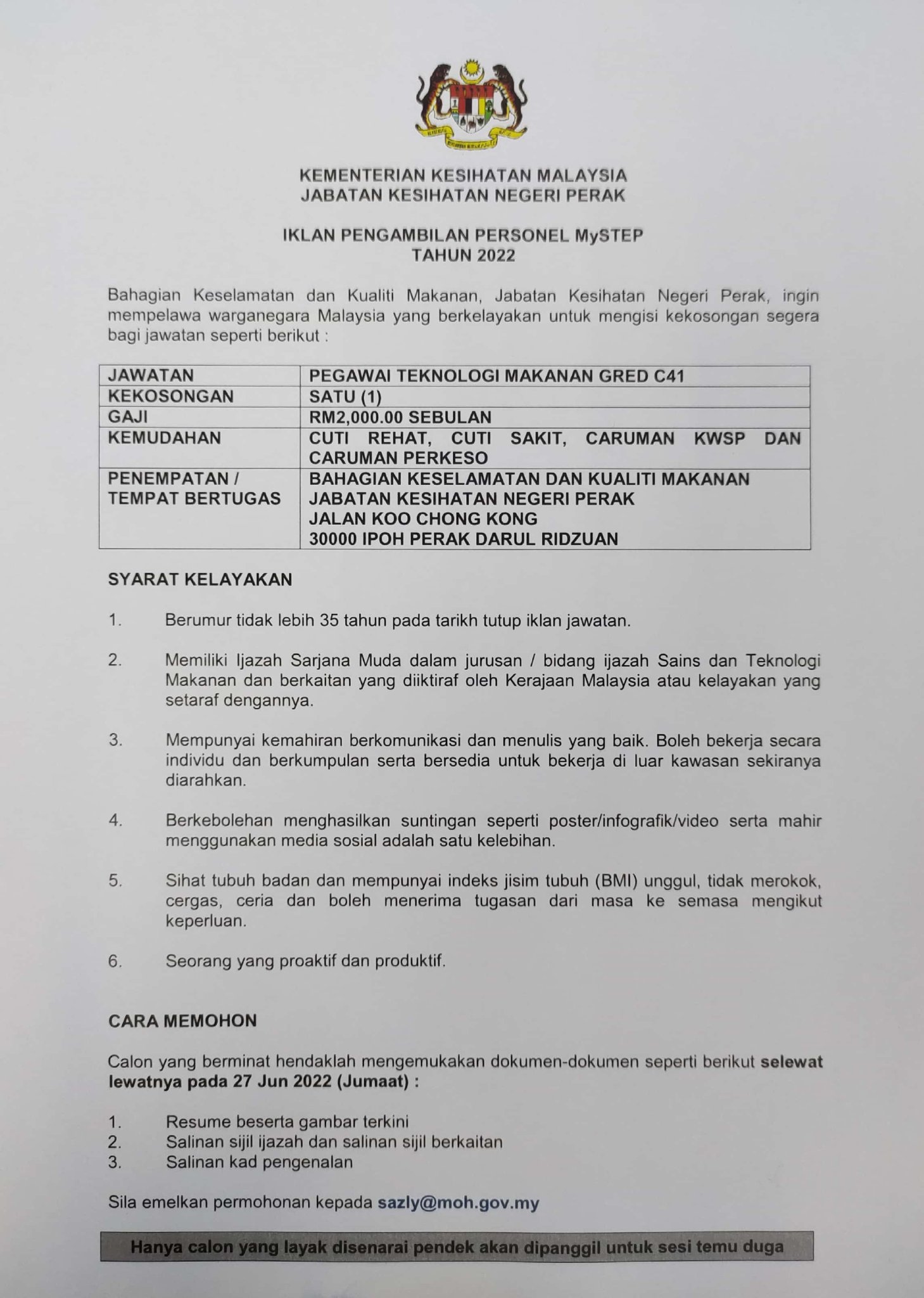 Iklan Jawatan Jabatan Kesihatan Negeri Perak • Portal Kerja Kosong Graduan