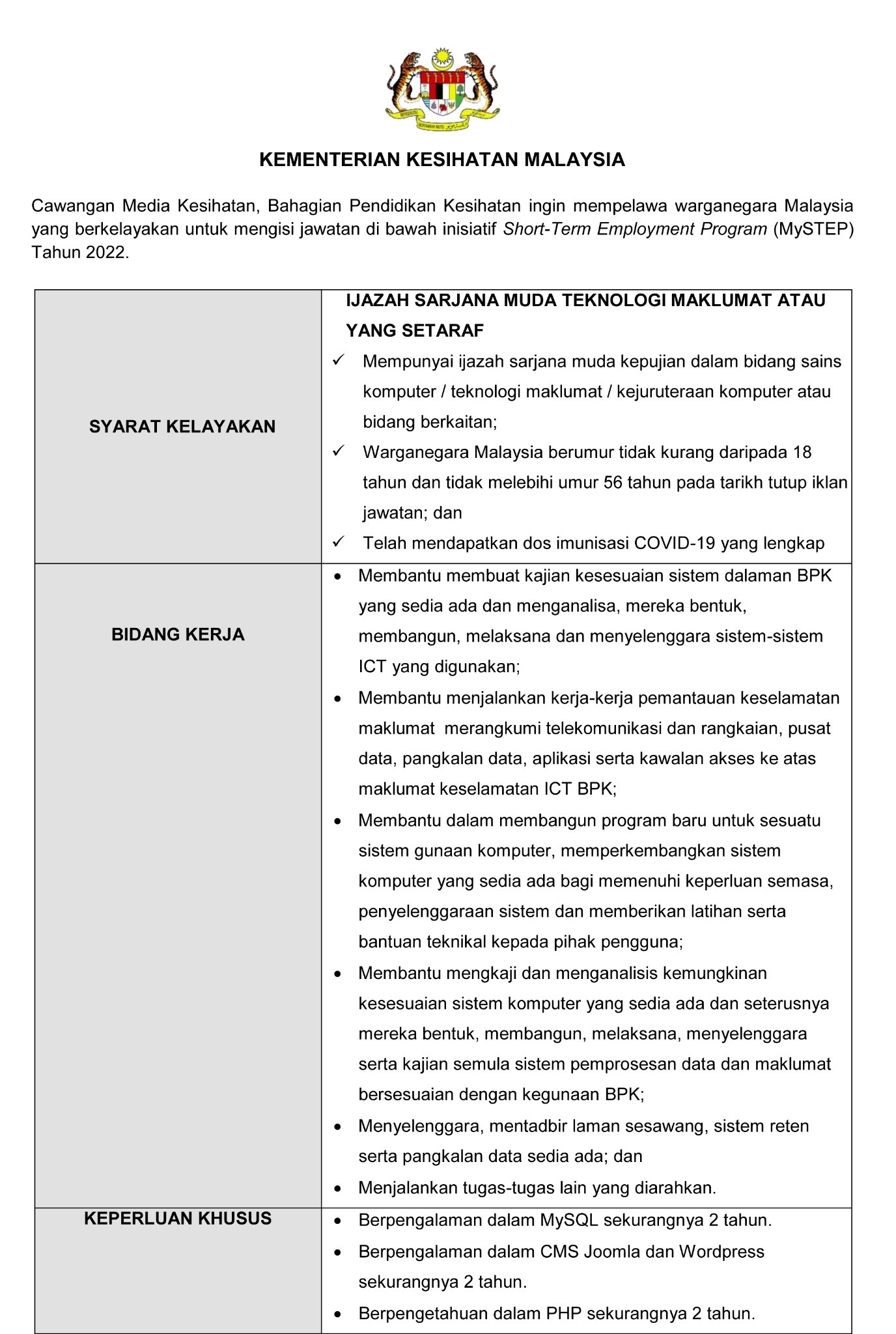 Iklan Jawatan Kementerian Kesihatan Malaysia (KKM) • Portal Kerja ...