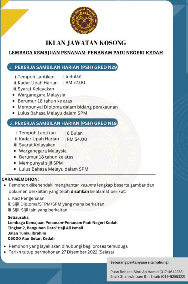 Iklan Jawatan Lembaga Kemajuan Penanam-Penanam Padi Kedah • Portal ...