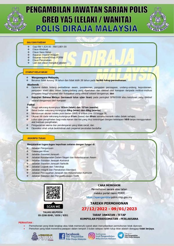 Iklan Pengambilan Jawatan Polis Diraja Malaysia (PDRM) • Portal Kerja ...