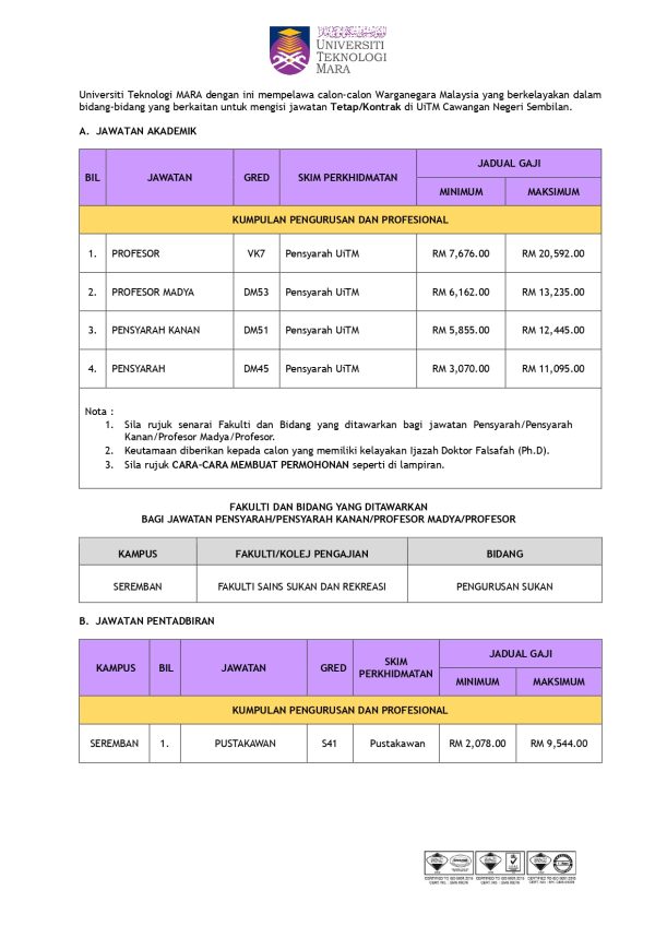 Iklan Jawatan Kosong Universiti Teknologi MARA UiTM Negeri Sembilan