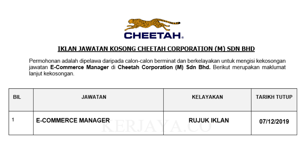 Permohonan Jawatan Kosong Cheetah Corporation (M) Sdn Bhd ...
