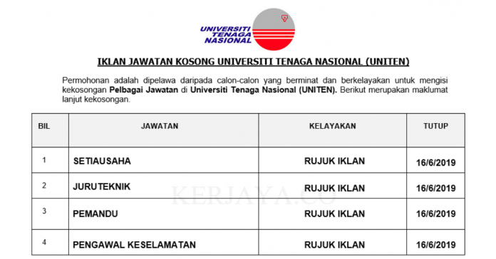 Permohonan Jawatan Kosong Terkini Universiti Tenaga Nasional (UNITEN) Permohonan Jawatan Kosong Terkini Universiti Tenaga Nasional (UNITEN)