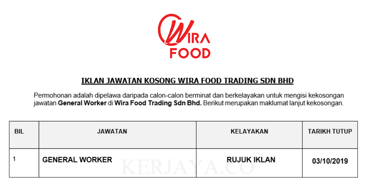 Permohonan Jawatan Kosong Wira Food Trading Sdn Bhd ...