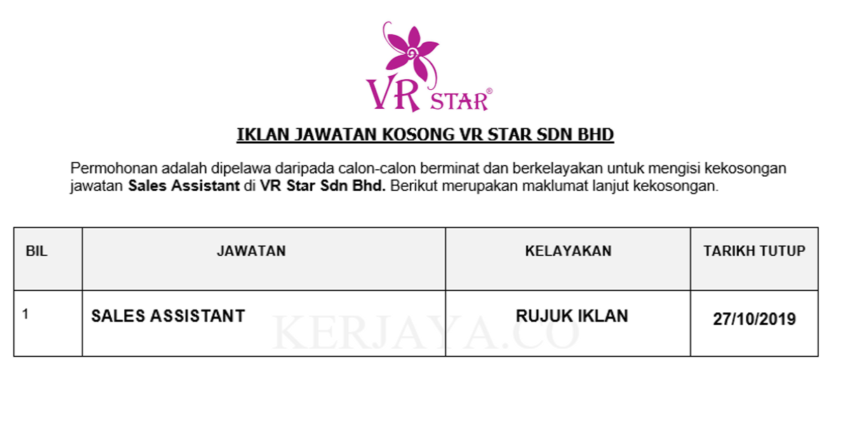 Permohonan Jawatan Kosong VR Star Sdn Bhd • Portal Kerja ...