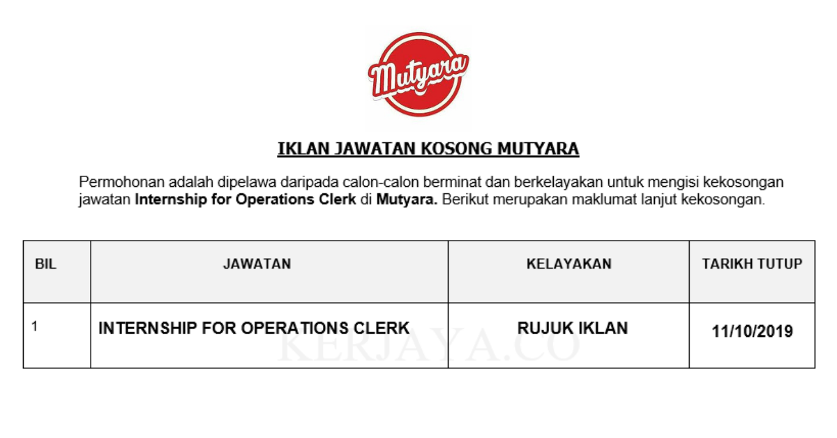 Permohonan Jawatan Kosong Mutyara ~ Kerani • Portal Kerja ...