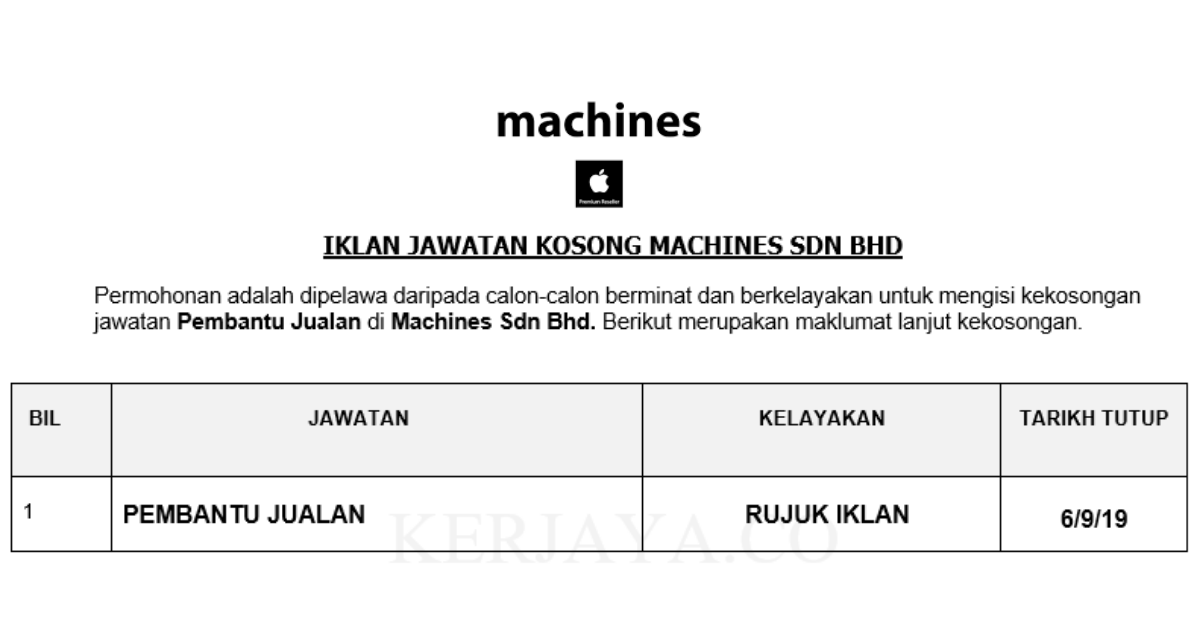 Machines Sdn Bhd _ Pembantu Jualan