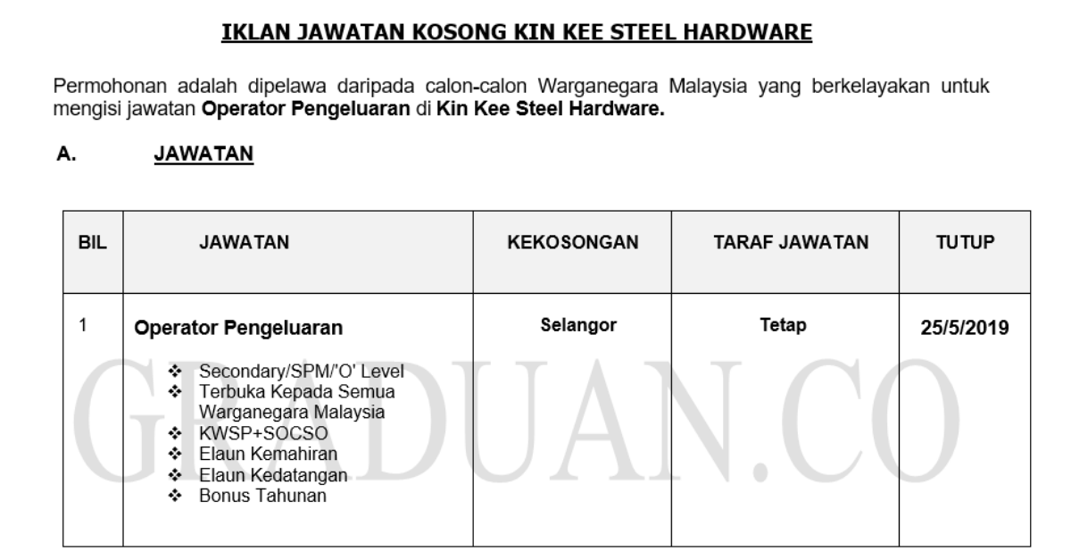 Permohonan Jawatan Kosong Terkini Kin Kee Steel Hardware _ Operator Pengeluaran