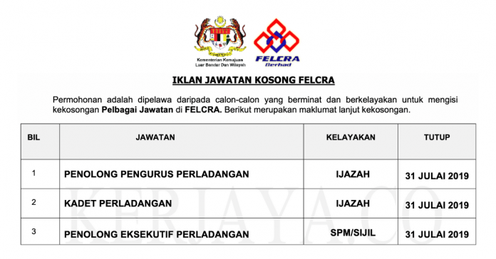 Permohonan Jawatan Kosong Terkini FELCRA Permohonan Jawatan Kosong Terkini FELCRA
