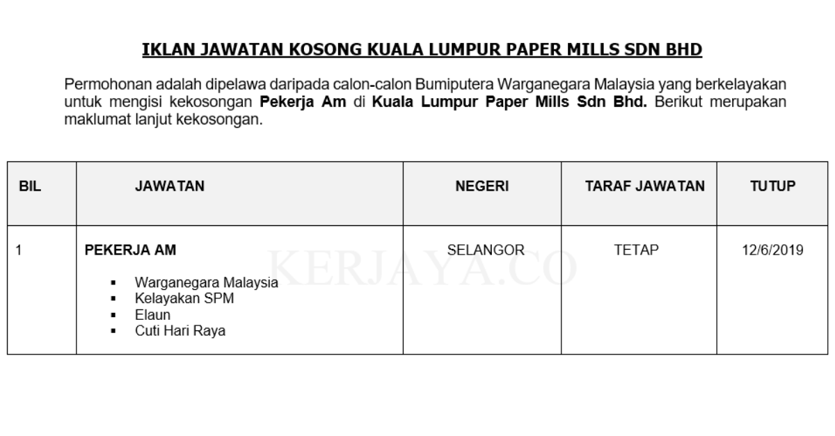 Permohonan Jawatan Kosong Terkini Kuala Lumpur Paper Mills Sdn Bhd _ Pekerja Am