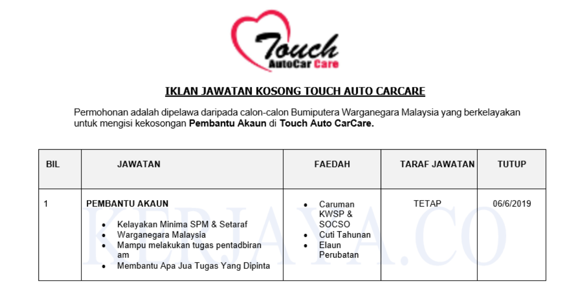 Permohonan Jawatan Kosong Terkini Touch Auto CarCare _ Pembantu Akaun