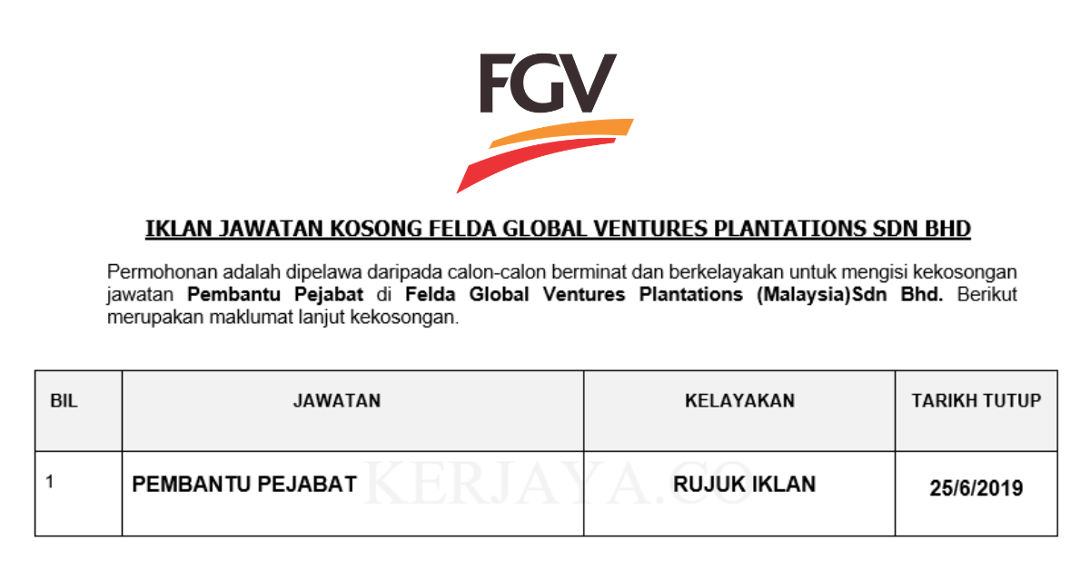 Permohonan Jawatan Kosong Terkini Felda Global Ventures Plantations (Malaysia) Sdn Bhd