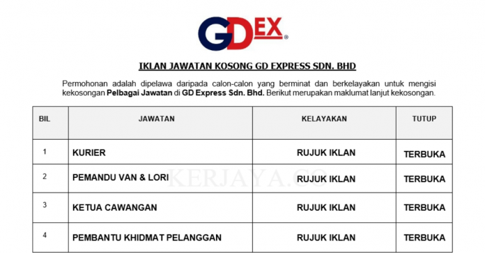 Permohonan Jawatan Kosong Terkini GD Express Sdn Bhd Permohonan Jawatan Kosong Terkini GD Express Sdn Bhd