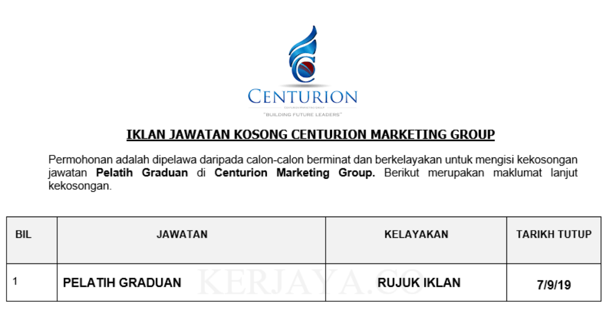 Centurion Marketing Group ~ Pelatih Graduan