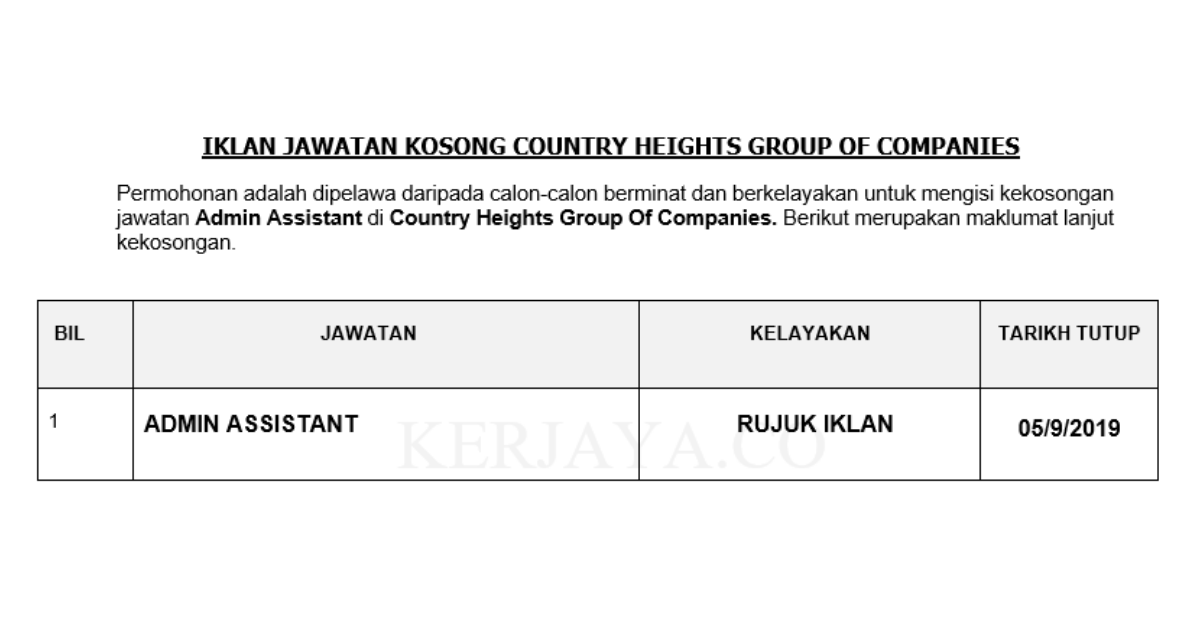 Country Heights Group Of Companies ~ Admin Assistant