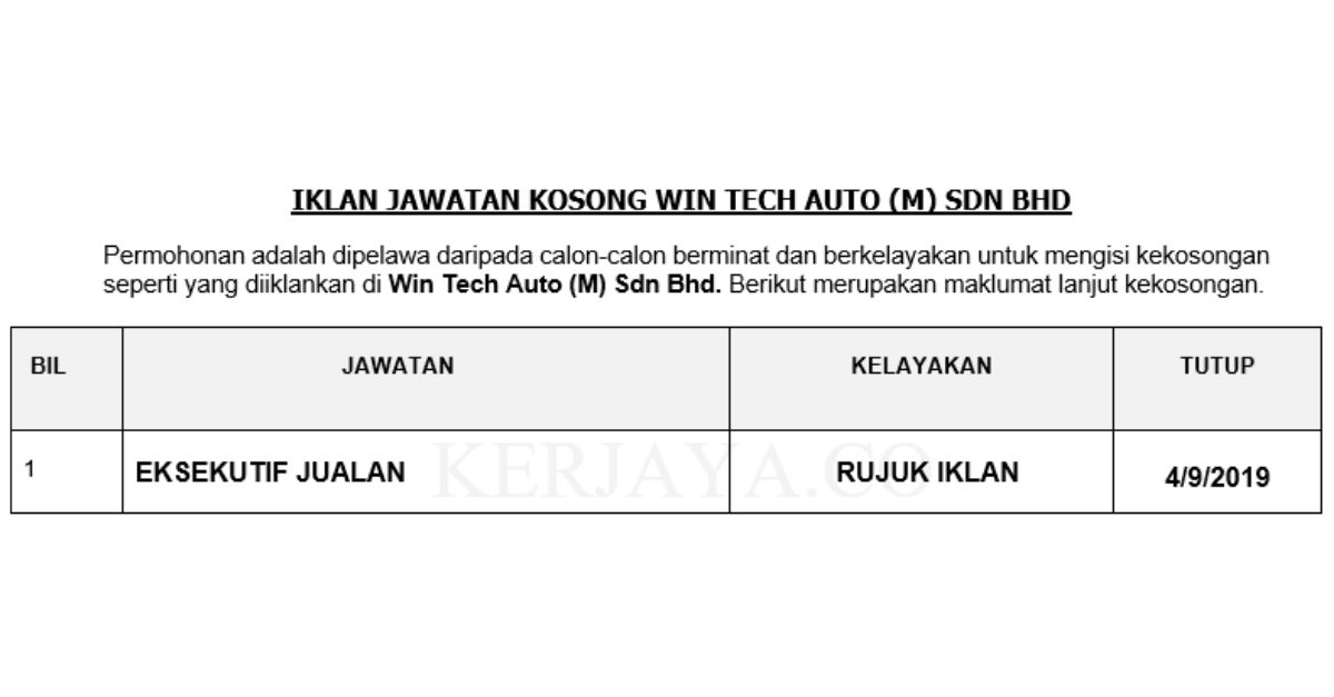 Win Tech Auto (M) Sdn Bhd _ Eksekutif Jualan