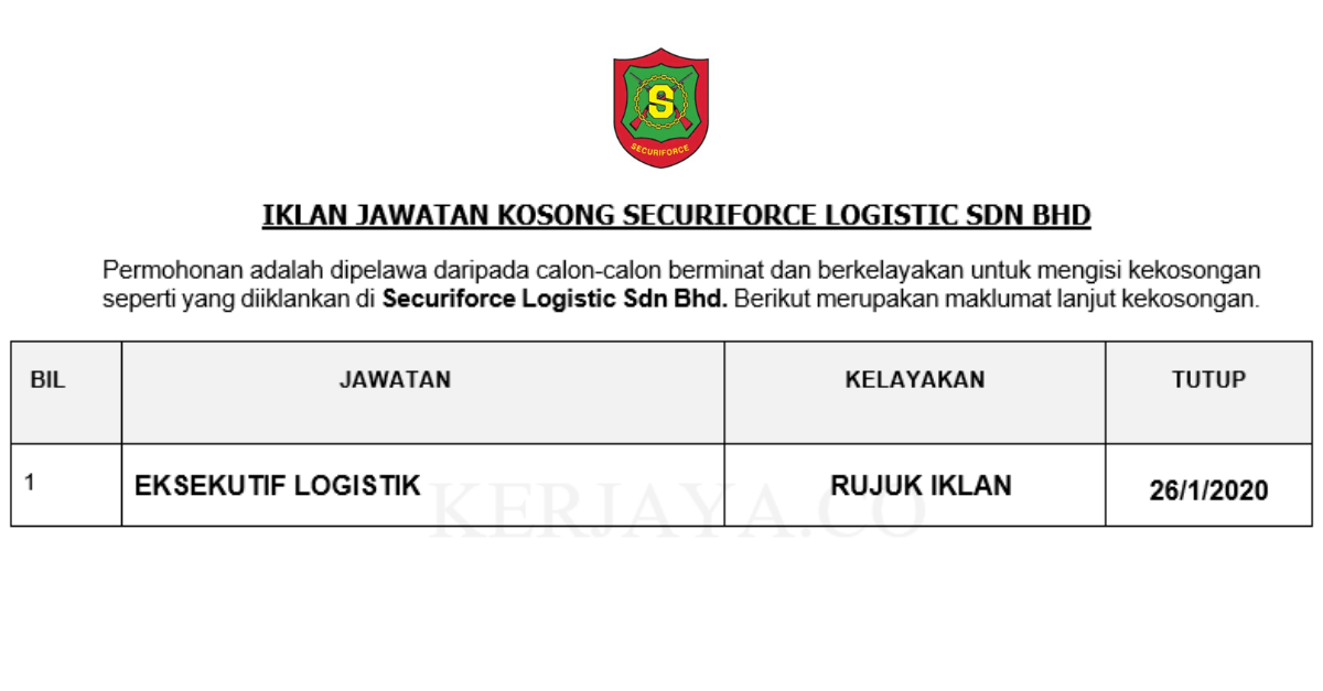 Permohonan Jawatan Kosong Securiforce Logistic Sdn Bhd ...