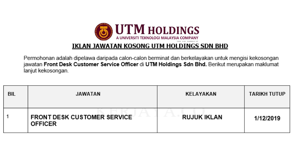 Permohonan Jawatan Kosong UTM Holdings Sdn Bhd • Portal ...