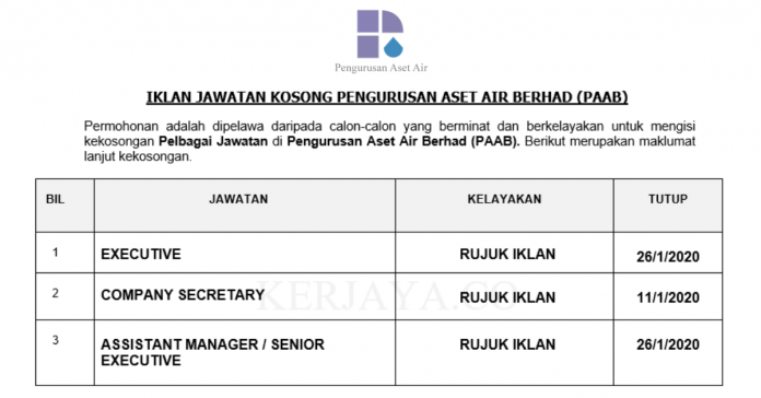 Permohonan Jawatan Kosong Pengurusan Aset Air Berhad (PAAB ...