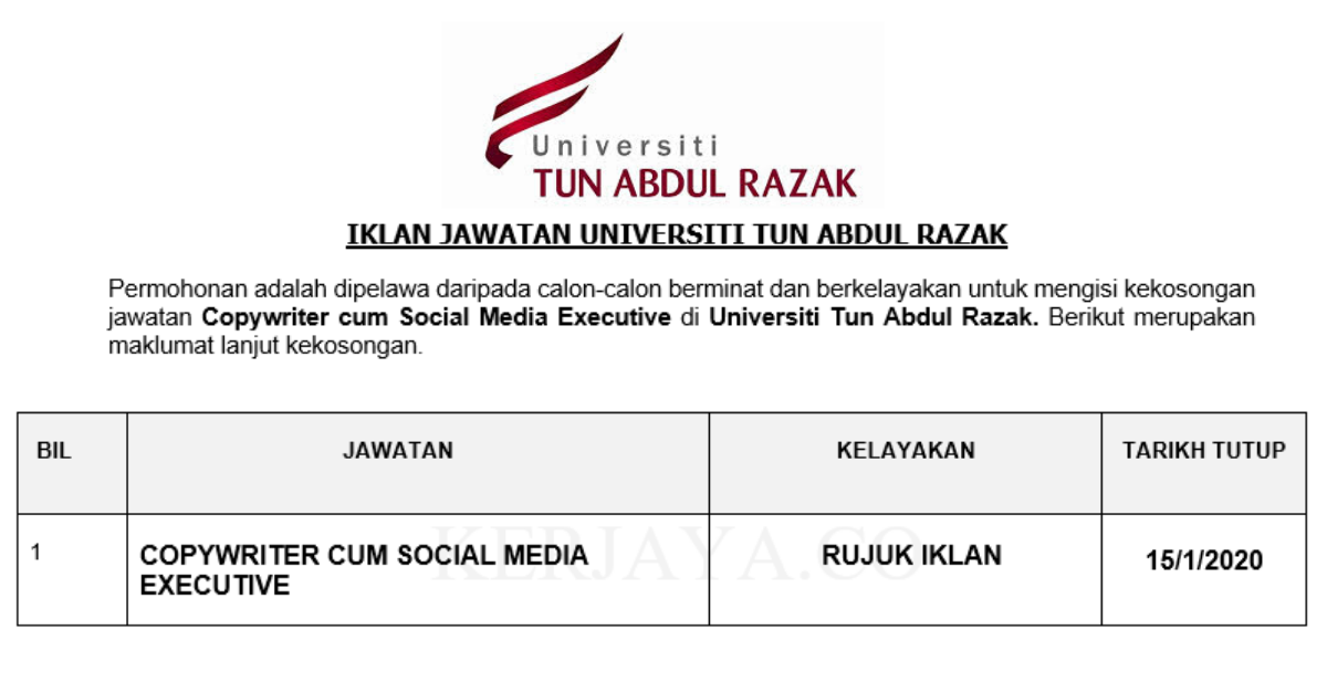 Permohonan Jawatan Kosong Universiti Tun Abdul Razak ...