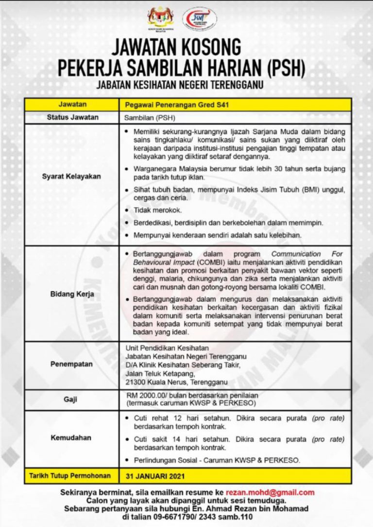 Iklan Jawatan Jabatan Kesihatan Negeri Terengganu • Portal ...