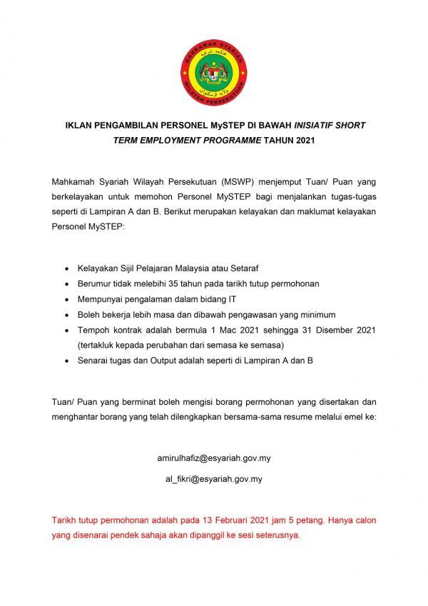 Iklan Jawatan Mahkamah Syariah Wilayah Persekutuan - MSWP ...