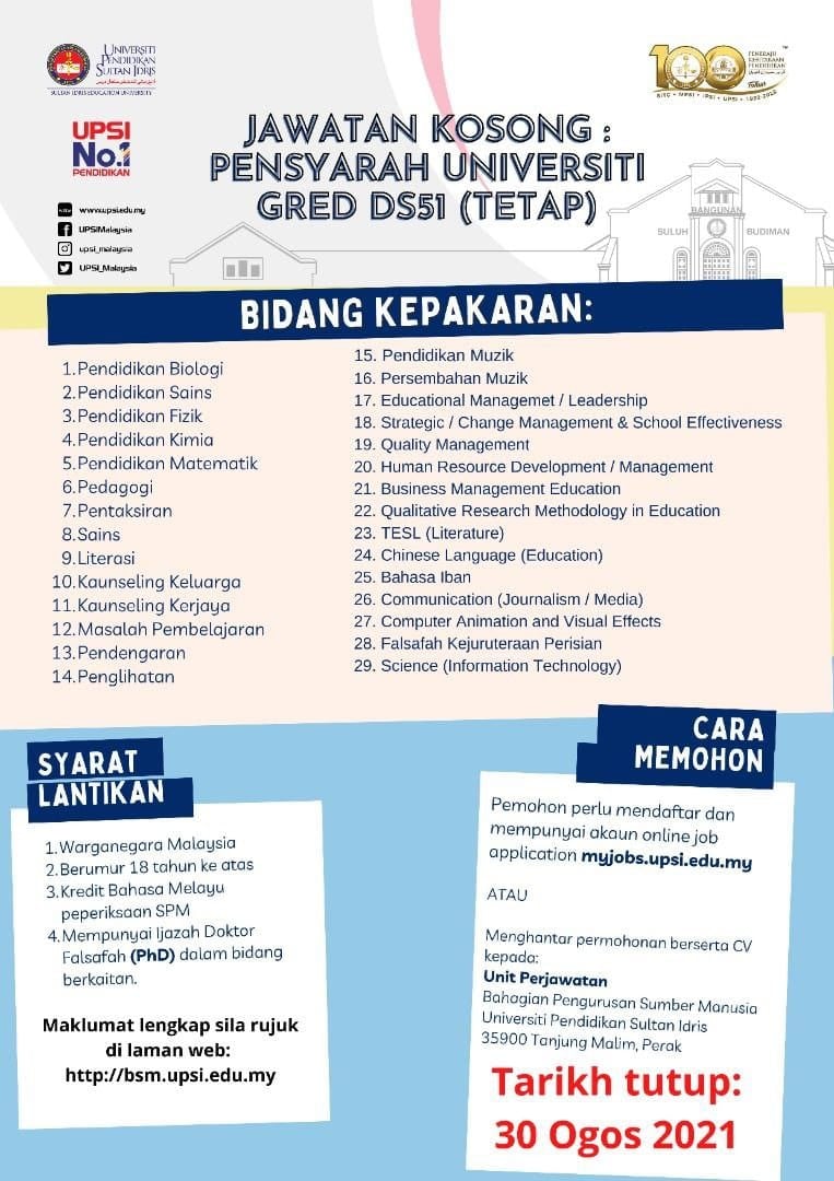 Iklan Jawatan Universiti Pendidikan Sultan Idris (UPSI) • Portal Kerja ...