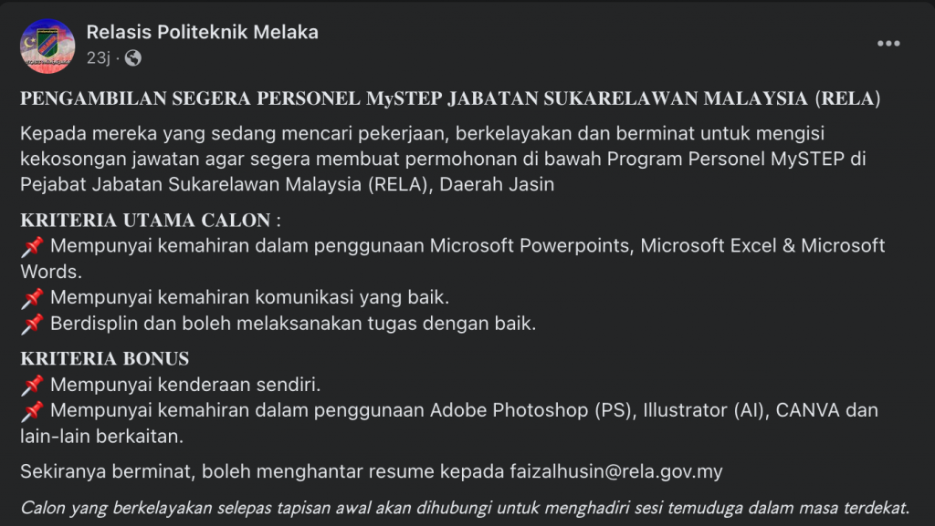 Iklan Jawatan Jabatan Sukarelawan Malaysia (RELA) • Portal Kerja Kosong ...