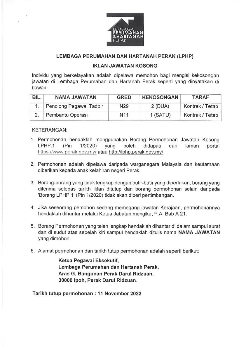 Iklan Jawatan Lembaga Perumahan Dan Hartanah Perak Portal Kerja