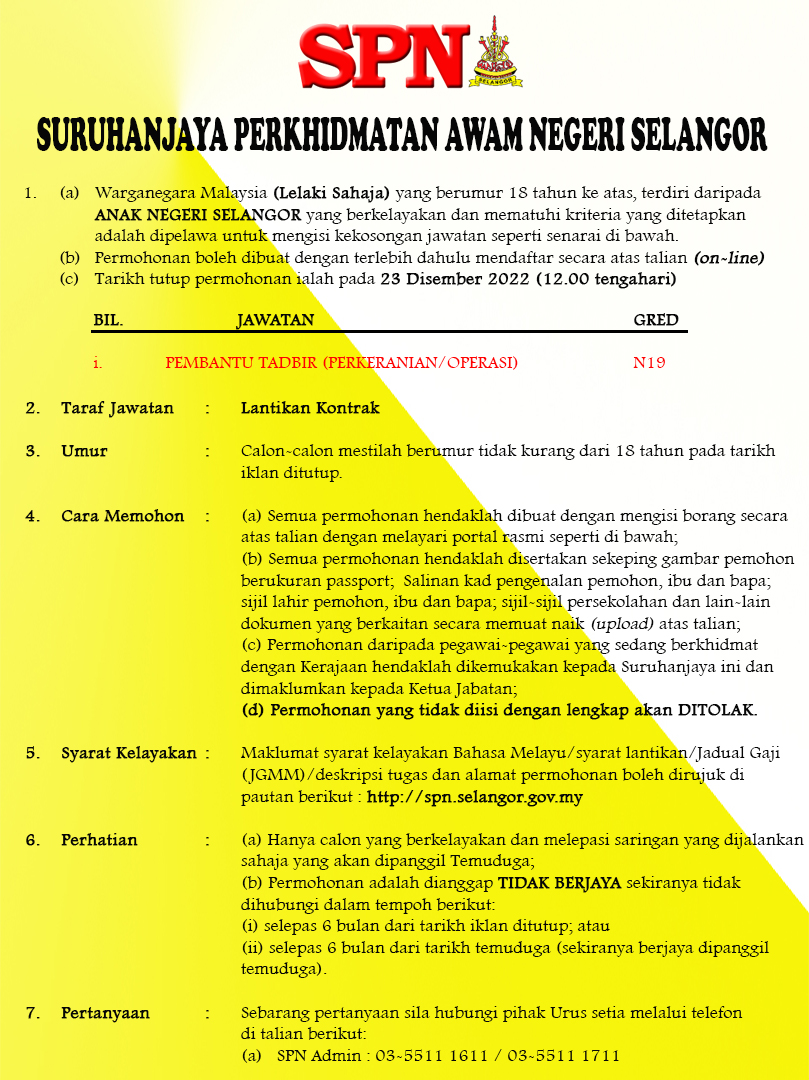 Iklan Jawatan Suruhanjaya Perkhidmatan Awam Negeri Selangor • Portal
