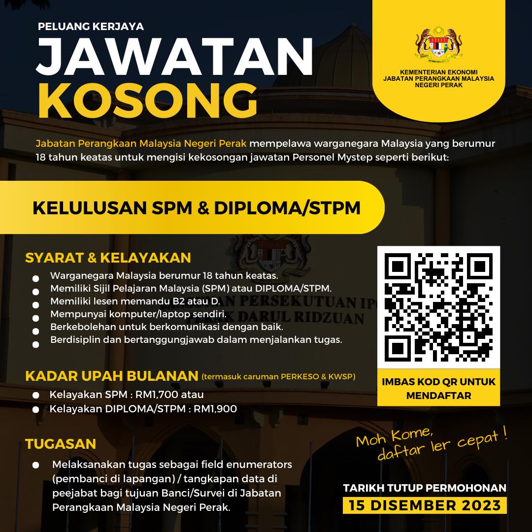 Iklan Jawatan Kosong Jabatan Perangkaan Malaysia Negeri Perak • Portal ...