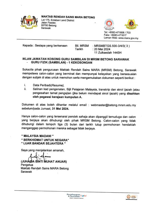 Iklan Jawatan Kosong Maktab Rendah Sains Mara (MRSM) Betong • Portal ...