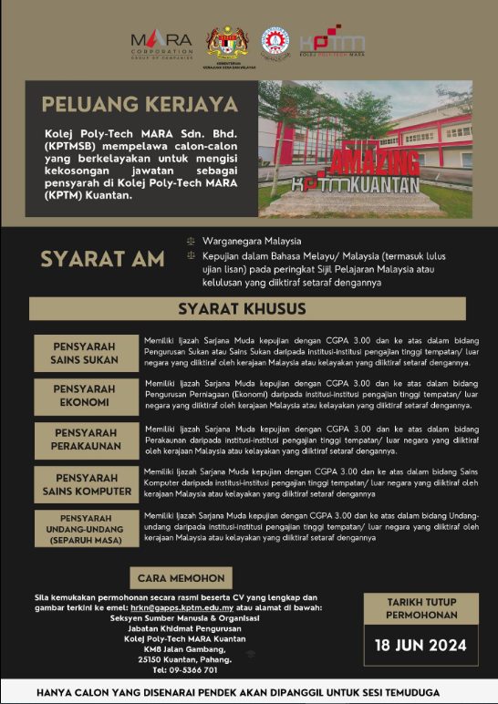 Iklan Jawatan Kosong Kolej Poly-Tech MARA (KPTM) Kuantan • Portal Kerja ...